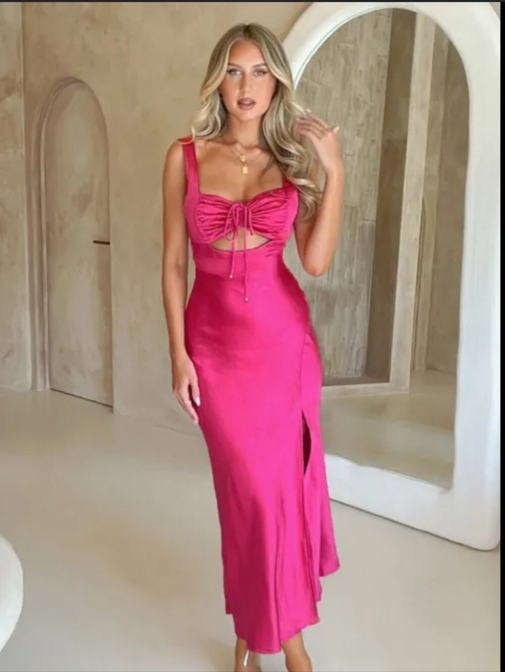 Here Comes The Sun Women's Hot Pink Midi Strappy Cut Out Slip Satin Dress Sz XS